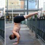 GymnasticBodies athlete shows how to perform a box headstand push-up for handstand pushup training.